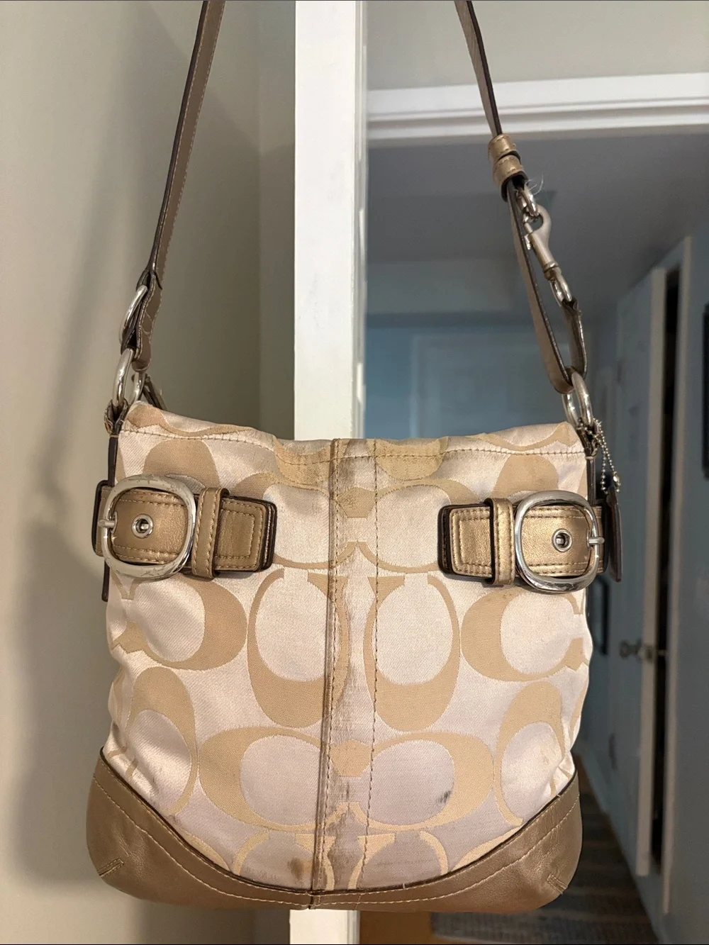 Coach Beige Signature Shoulder Bag with Buckle Accents and hang tag. - Picture 1 of 8
